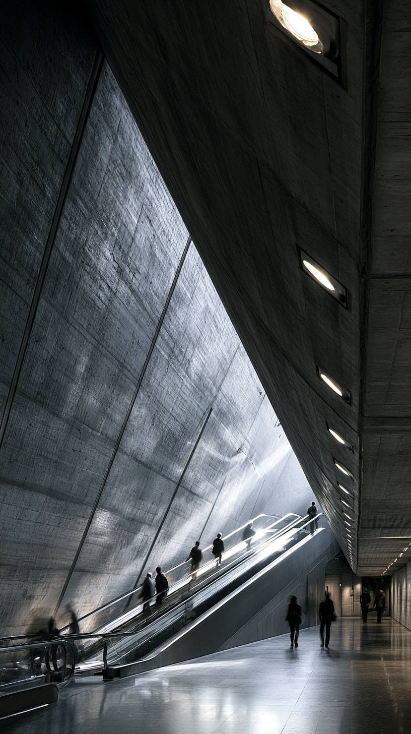 Futuristic Escalator Ride: A Cinematic Perspective