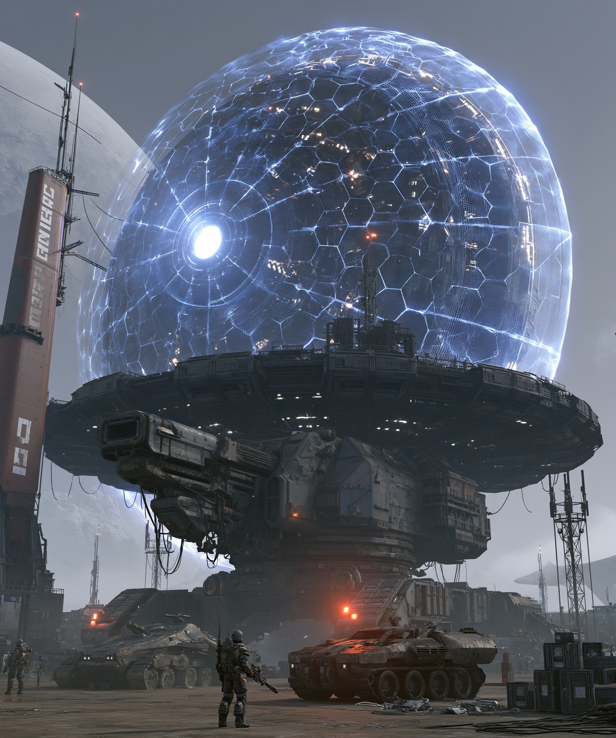 Massive Blue Energy Shield Over Turret Design