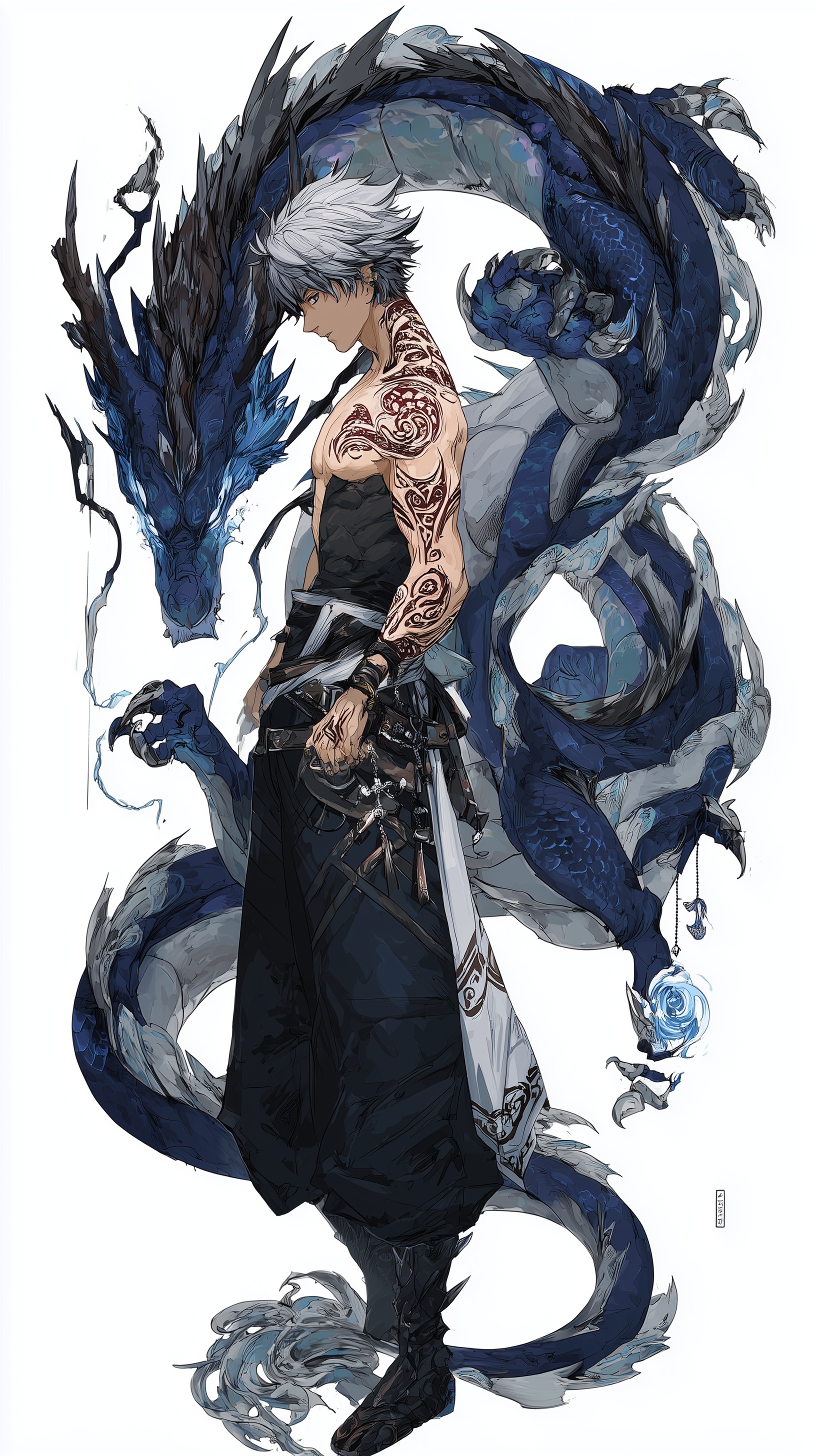 Elemental Dragon Art: Silver Tattoos on White Canvas