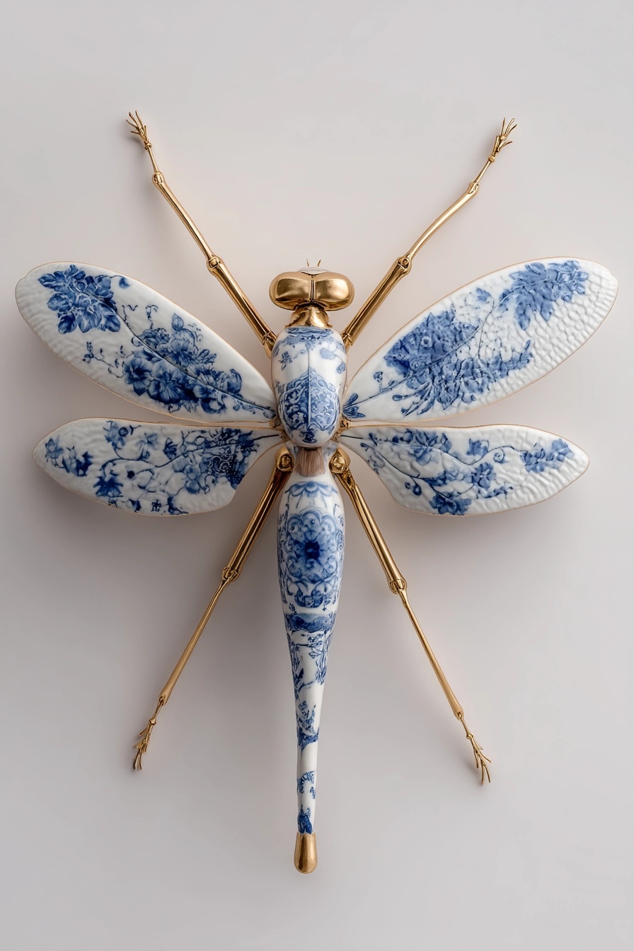 Stunning Blue & White Porcelain Dragonfly Art