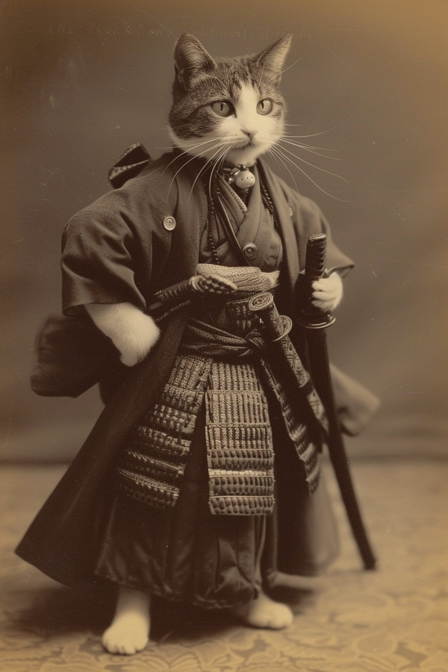 Vintage Samurai Cat: An Adorable Feline Warrior in 1880s