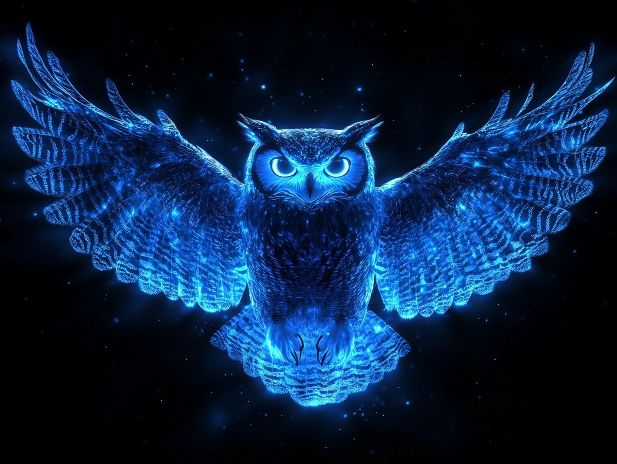 Neon Blue Owl Silhouette on Black Background