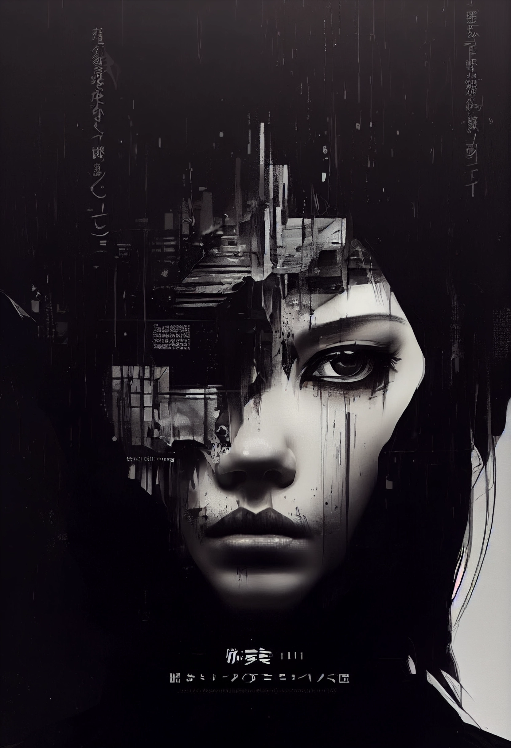 Dystopian Cyberpunk Art: Woman's Face in Deconstructed Japanese Style
