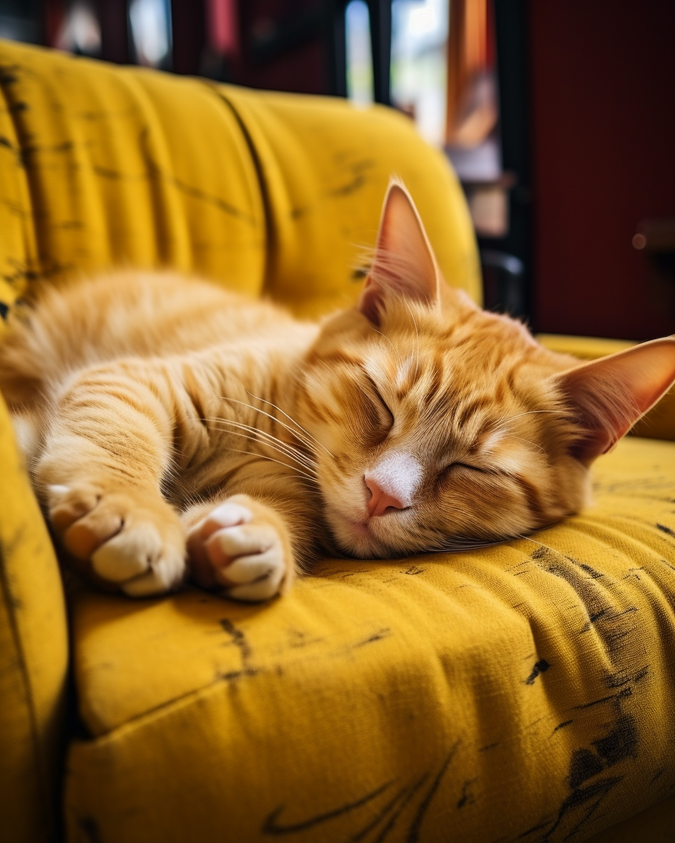 Cozy Morning with a Happy Ginger Cat on Yellow Couch