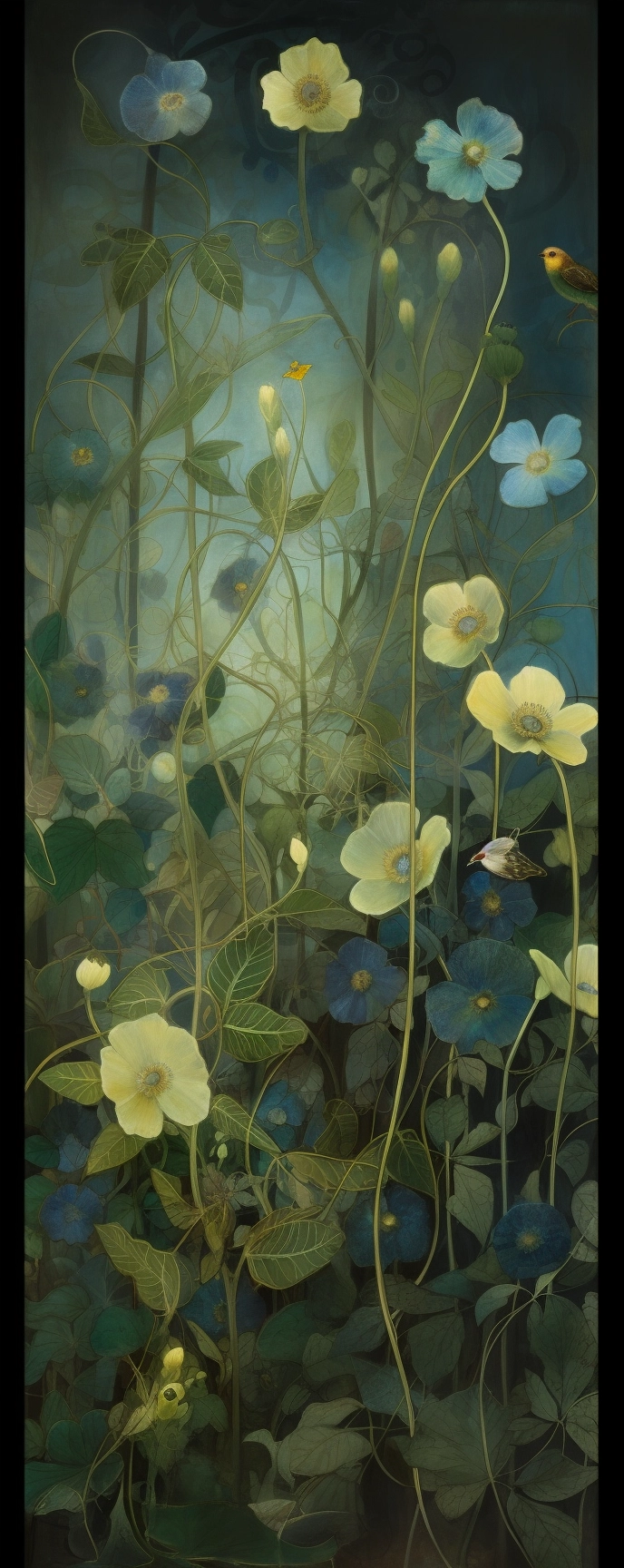 Whimsical Nocturne: Green Flowers & Leaves Painting