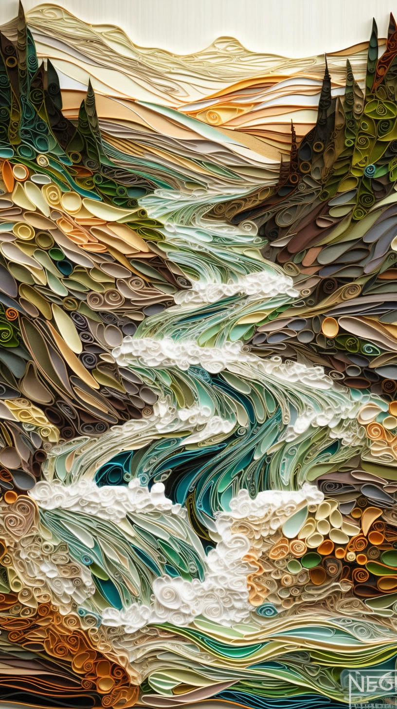 Surreal Alpine River Painting - Quilled 3D Landscape