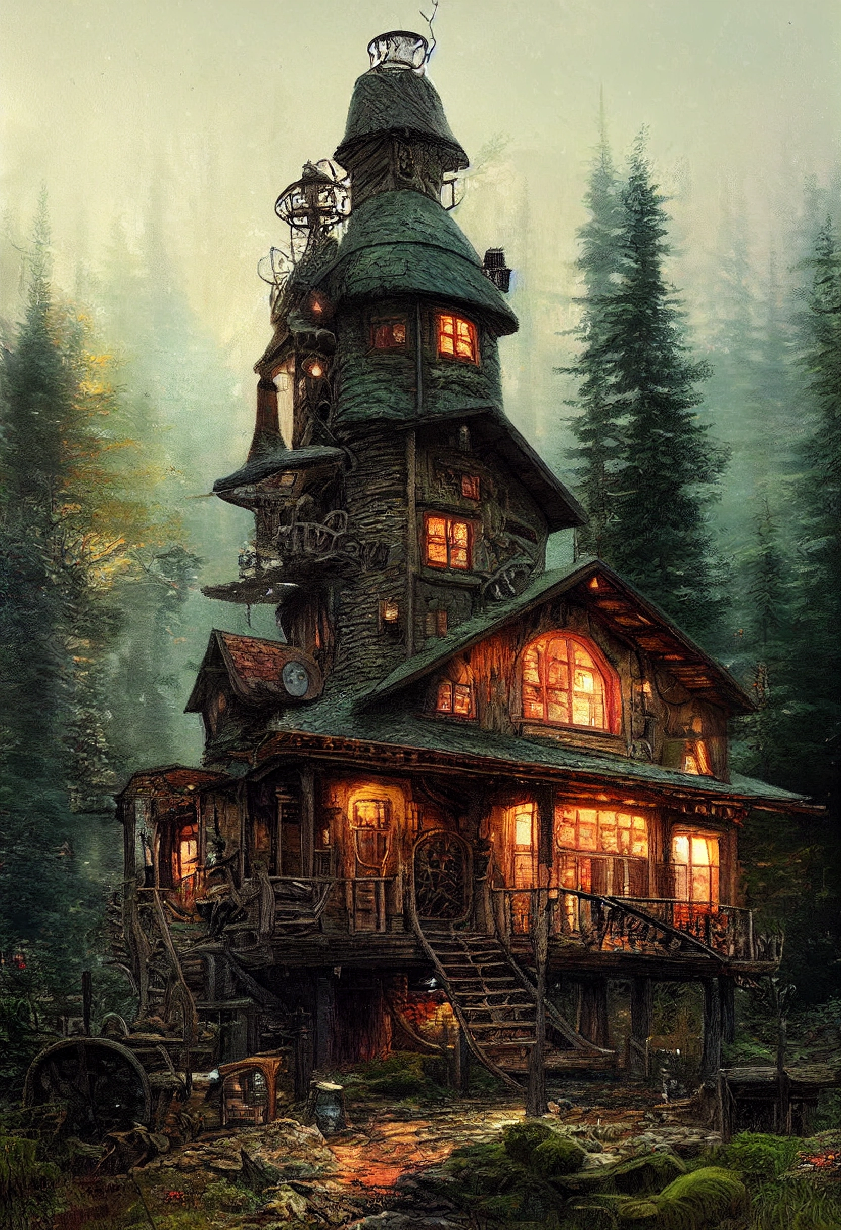 Steampunk Forest Cabin: Hyperreal Illustration