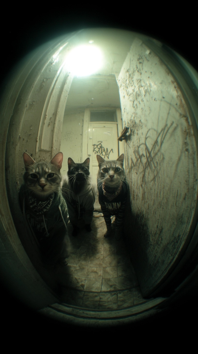 Intense Peephole View: Angry Cats in 2000s Vibe