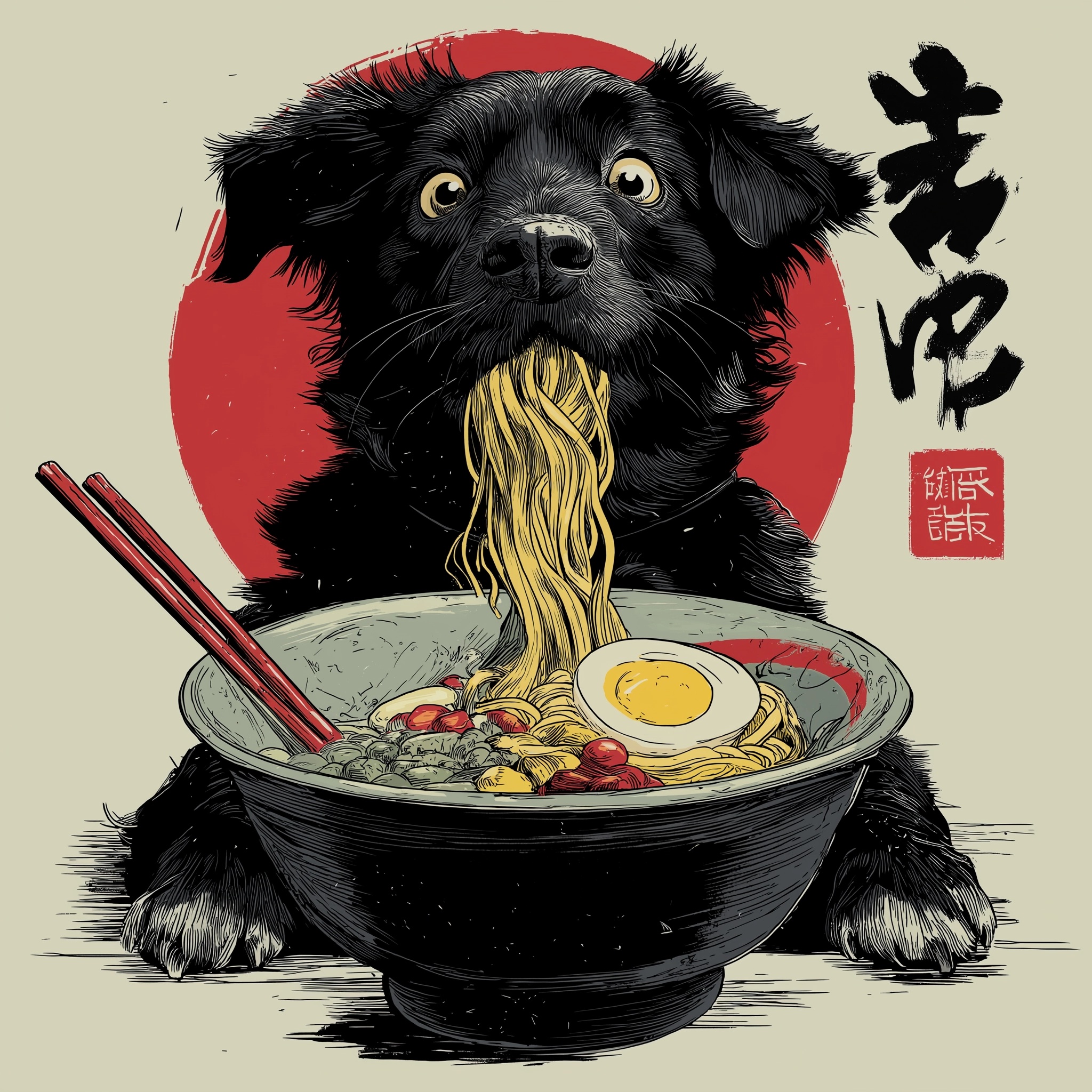 Playful Pup Enjoying a Ramen Feast