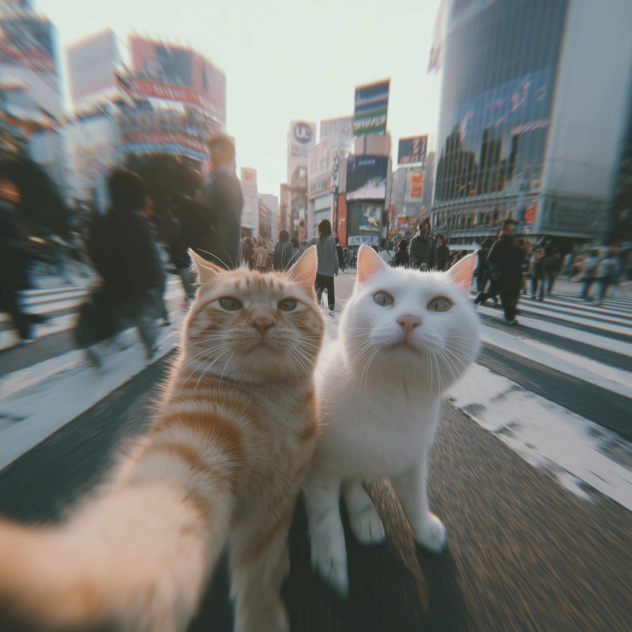 Selfie of Cats at Busy Japan Crossroad