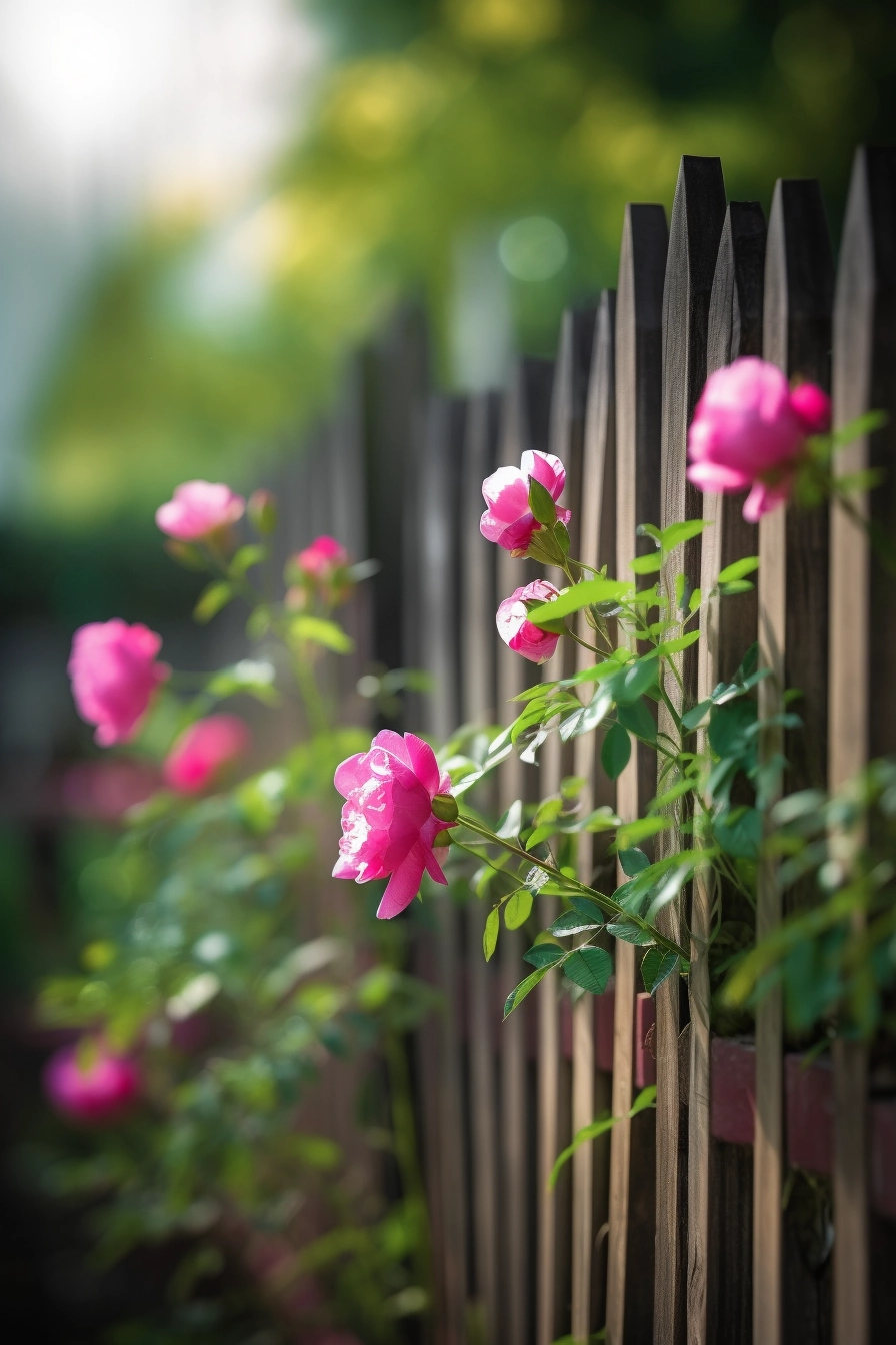 Gorgeous Blooming Chinese Rose Flowers on Bamboo Fence