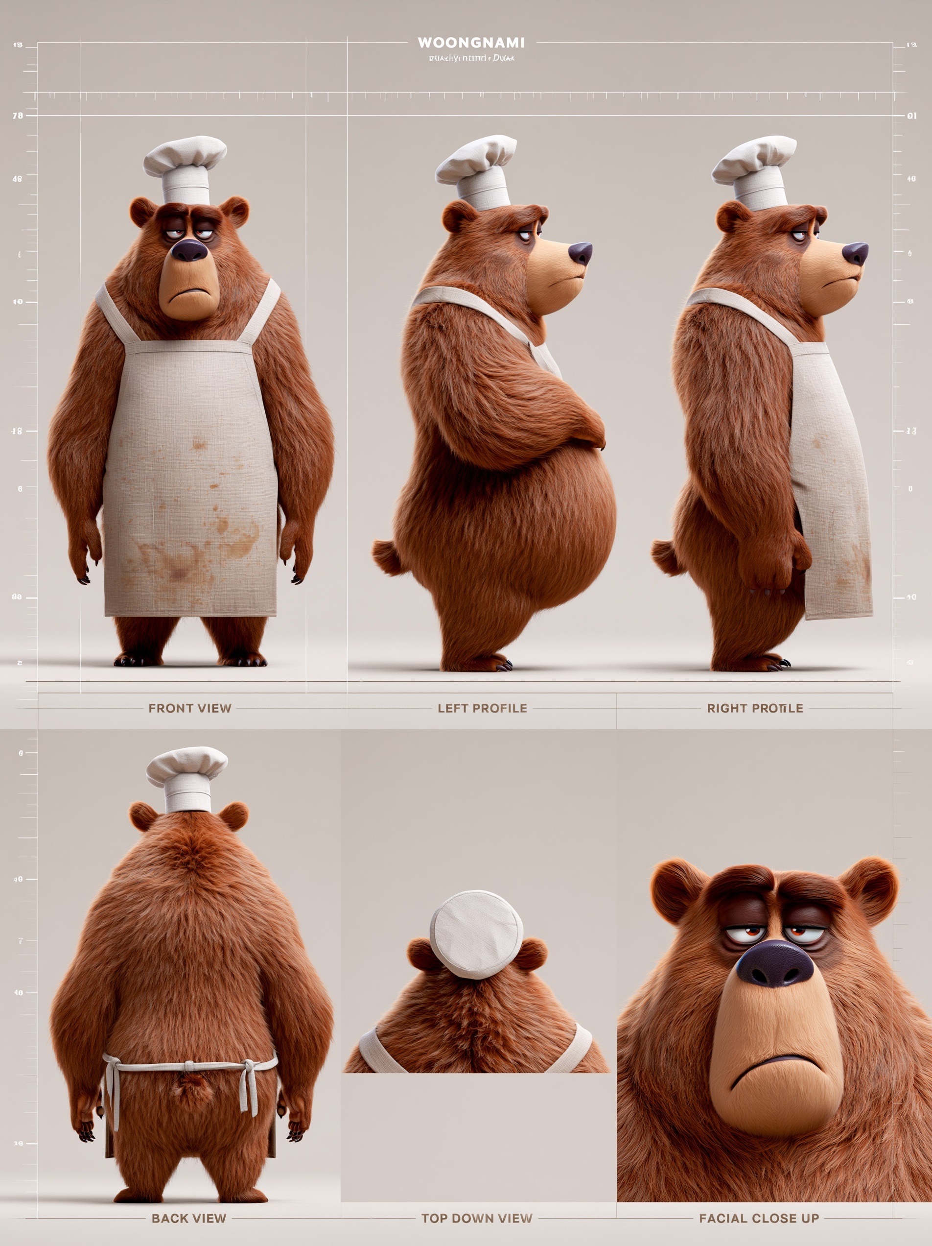 High-Quality 3D Character Sheet: Grumpy Bear Chef