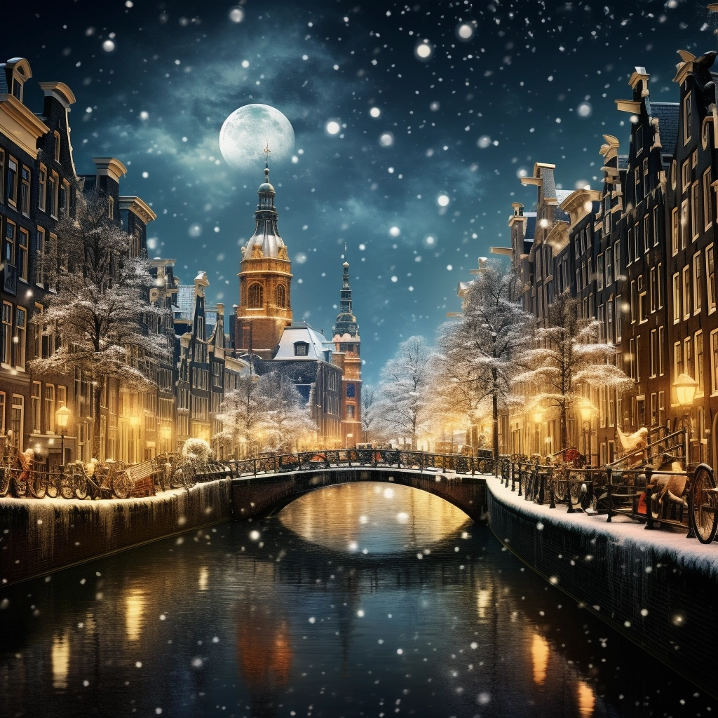 Magical Christmas in High-Res: Snowy Amsterdam with Moon