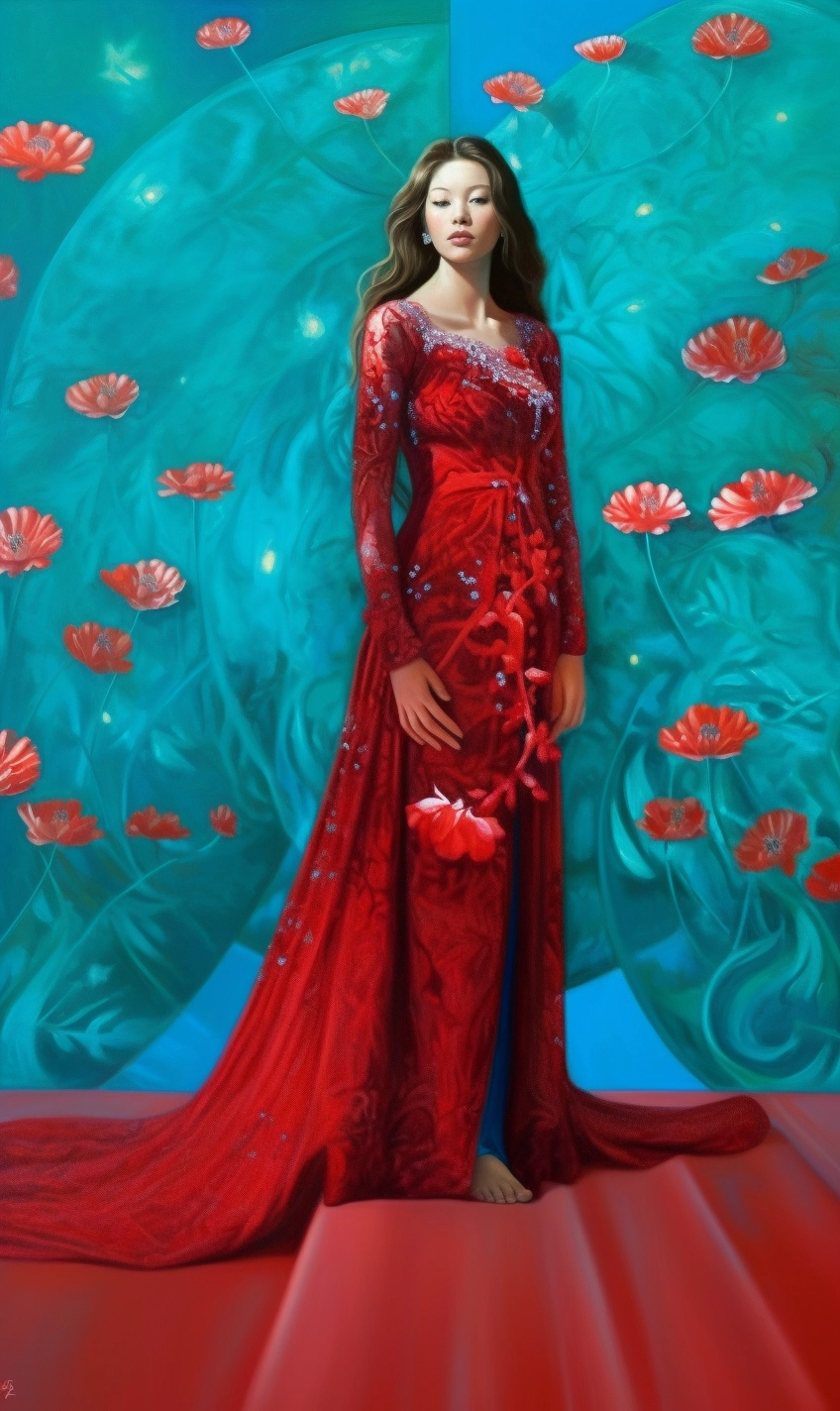 Hyper-Realistic Oil Painting of Beautiful Woman in Eiko Ishioka Dress