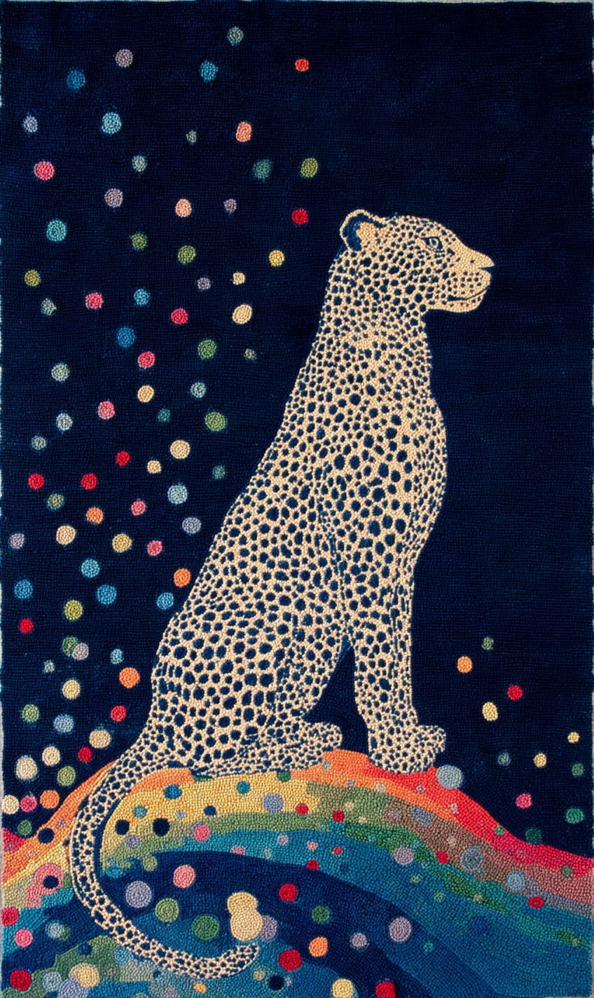 Minimalist Cheetah Rug with Starry Fiber Art