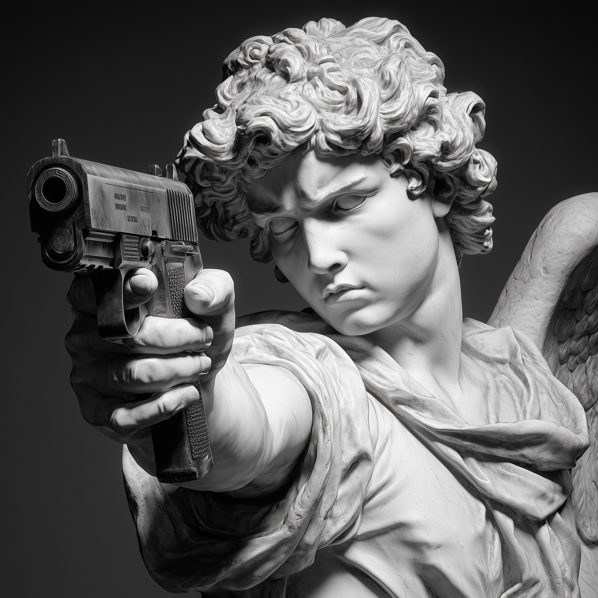 Michelangelo-Style Angel with Uzi: Unique Artwork