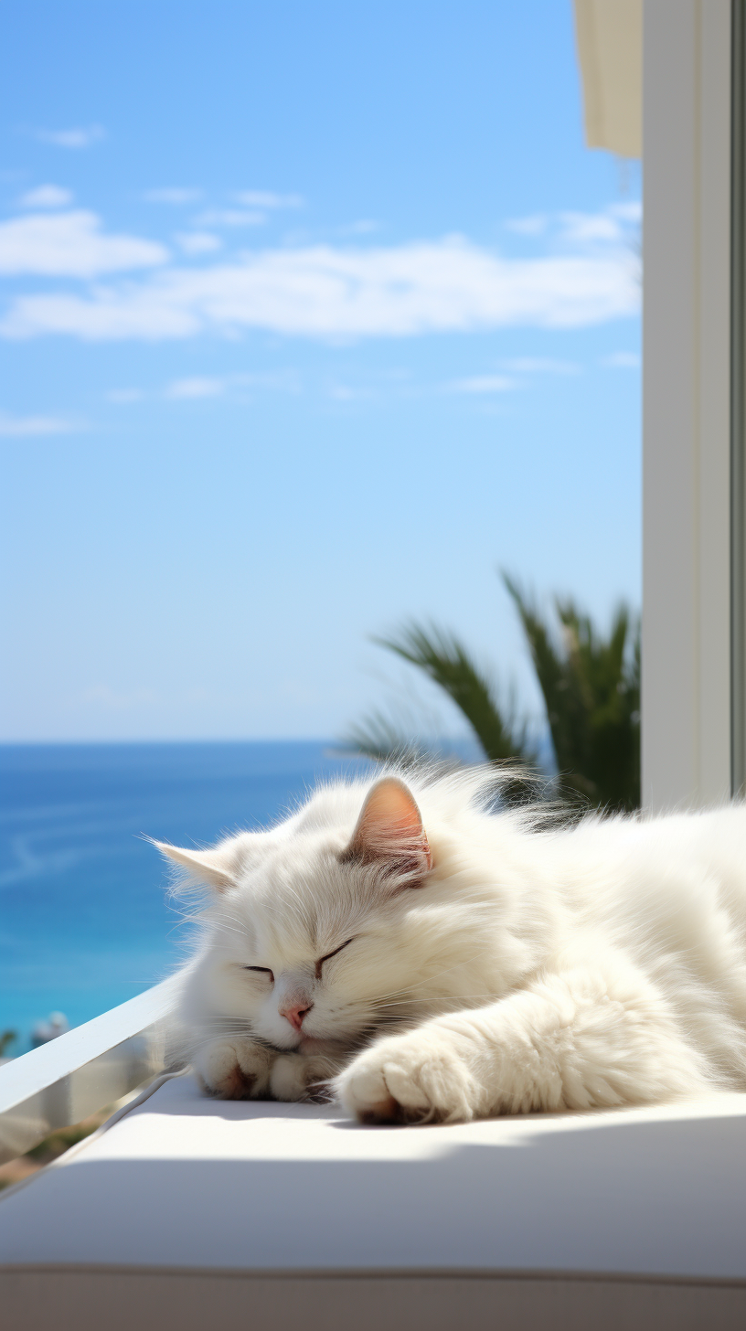 Masterfully Designed White Cat Lounging on Balcony with Sea View