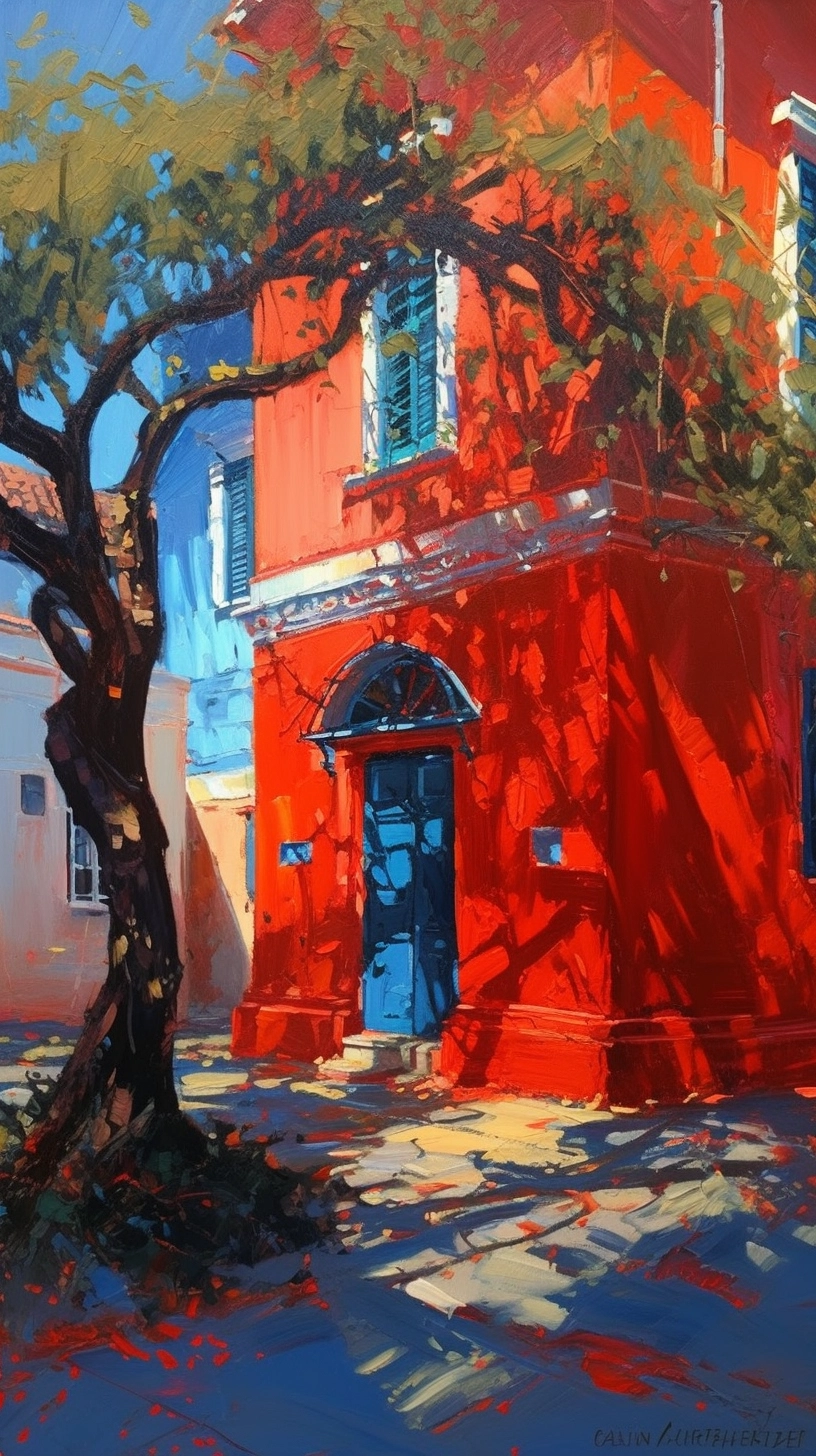 Vibrant Oil & Ink Painting: Greek Courtyard