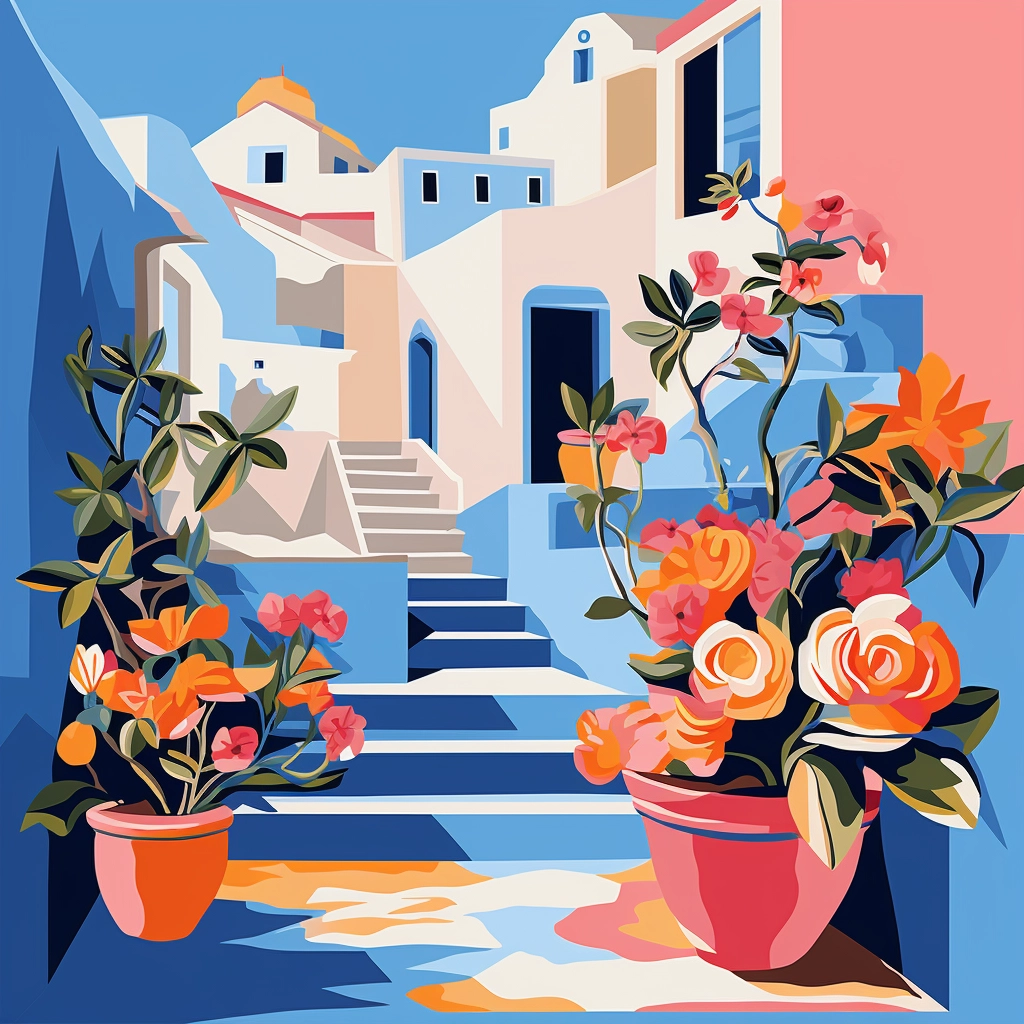 Santorini Greece: Brilliant de Kooning Style, Flower-Filled Steps