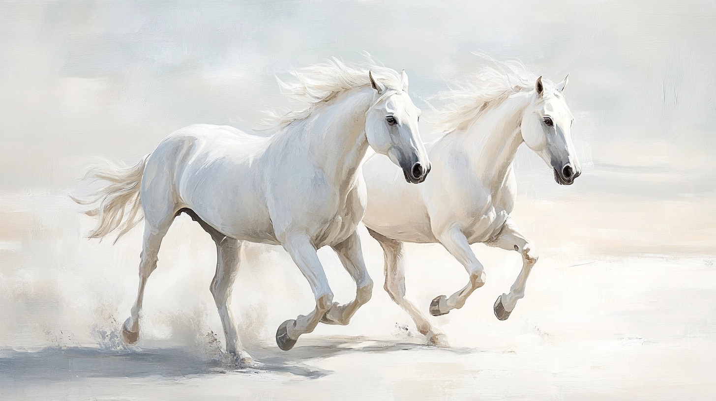 Two White Horses Dancing on a Beach