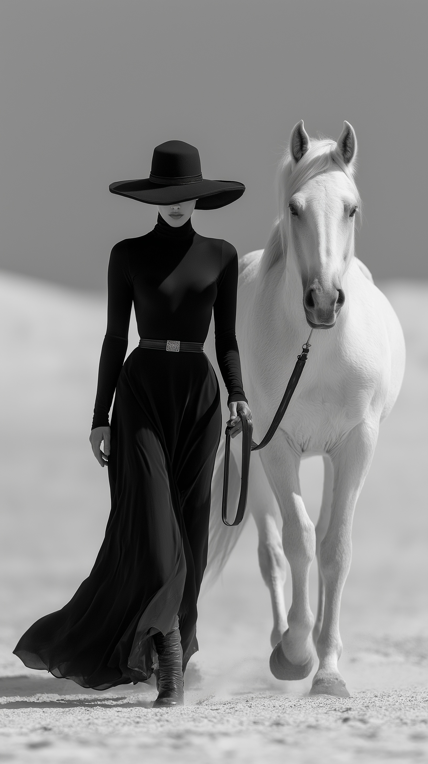 Stunning Black Dress Model with White Horse in Desert