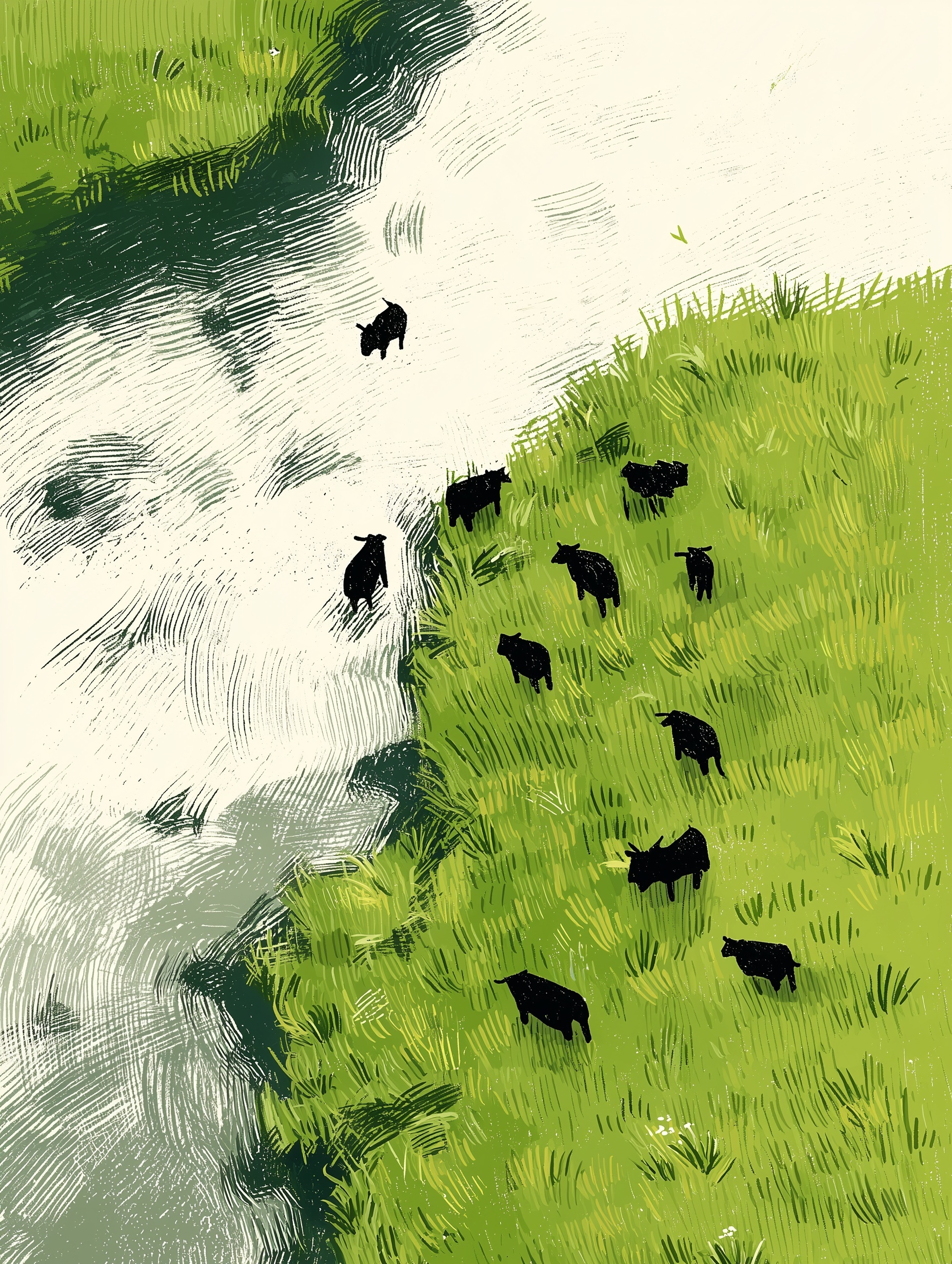 Serene Top-Down View: Grassland and River with Cows