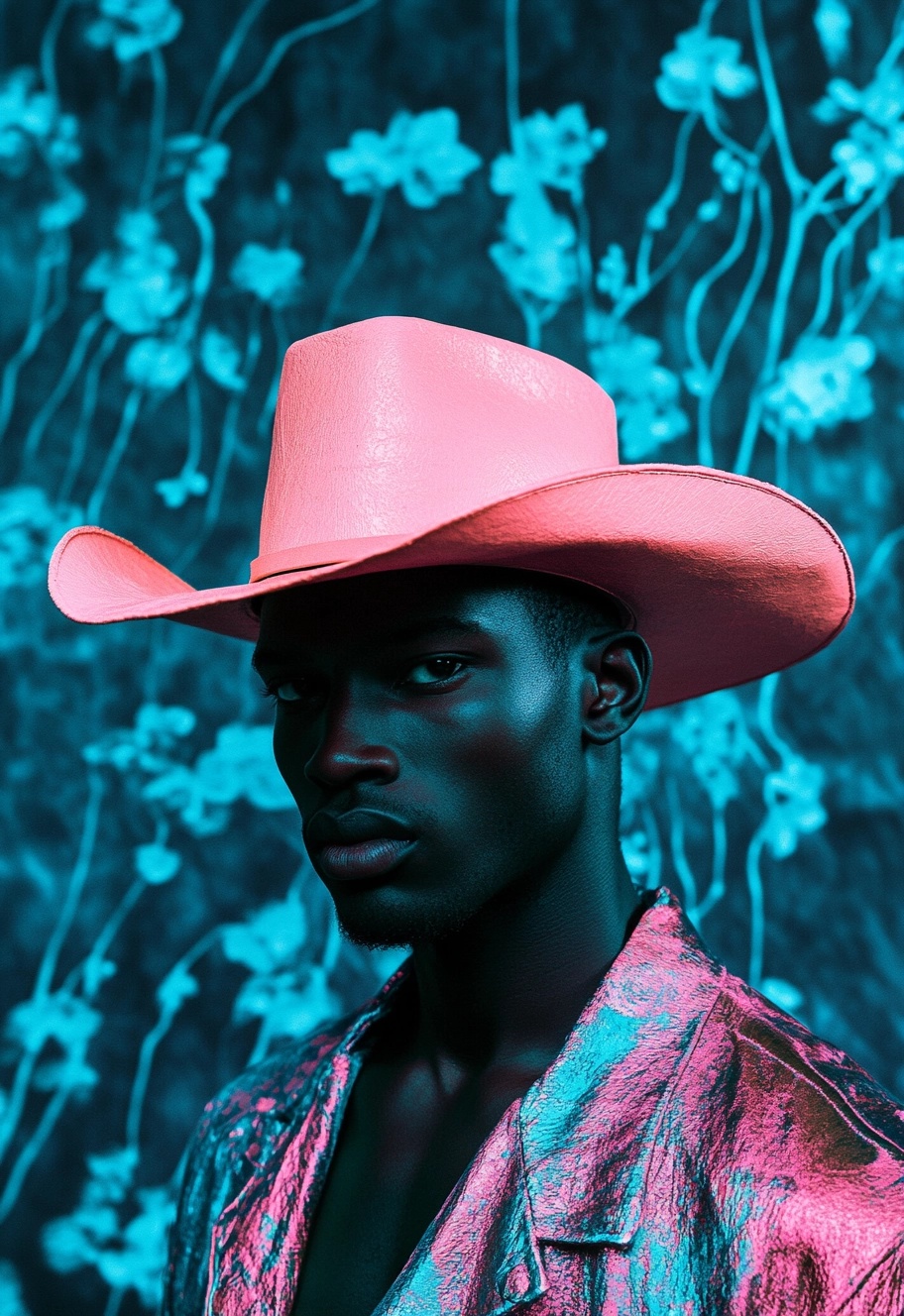 Mysterious Cowboy in Pink Hat on Textured Backdrop