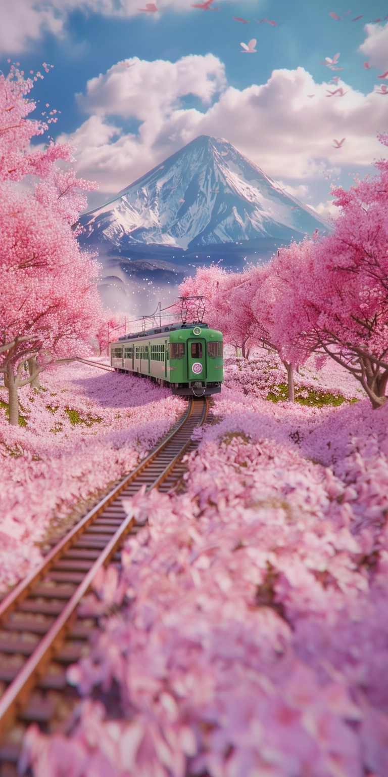 Spring Cherry Blossom Landscape: Green Train & Snow-Capped Mountains