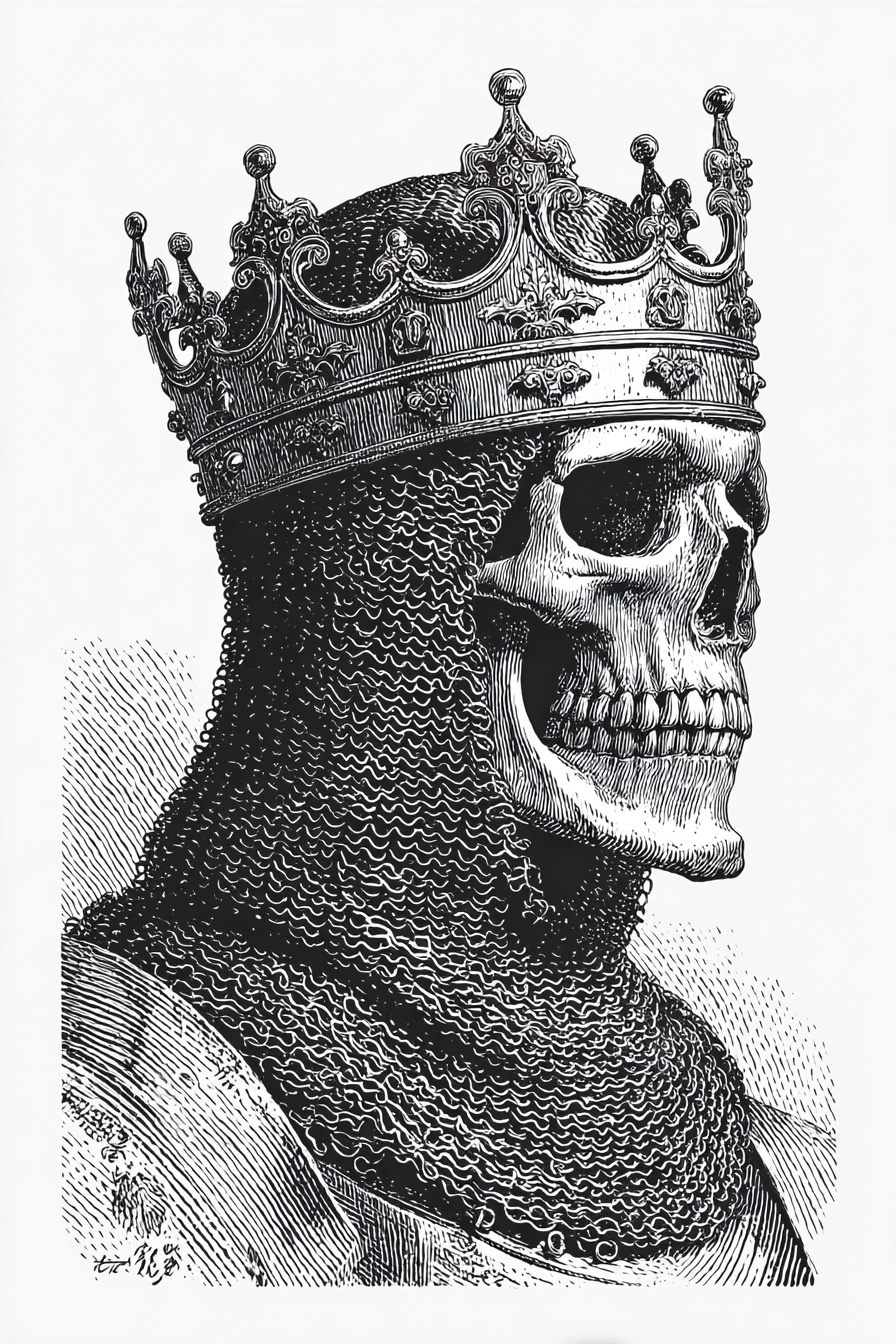 Skull in Chainmail Crown: Medieval Ink Art