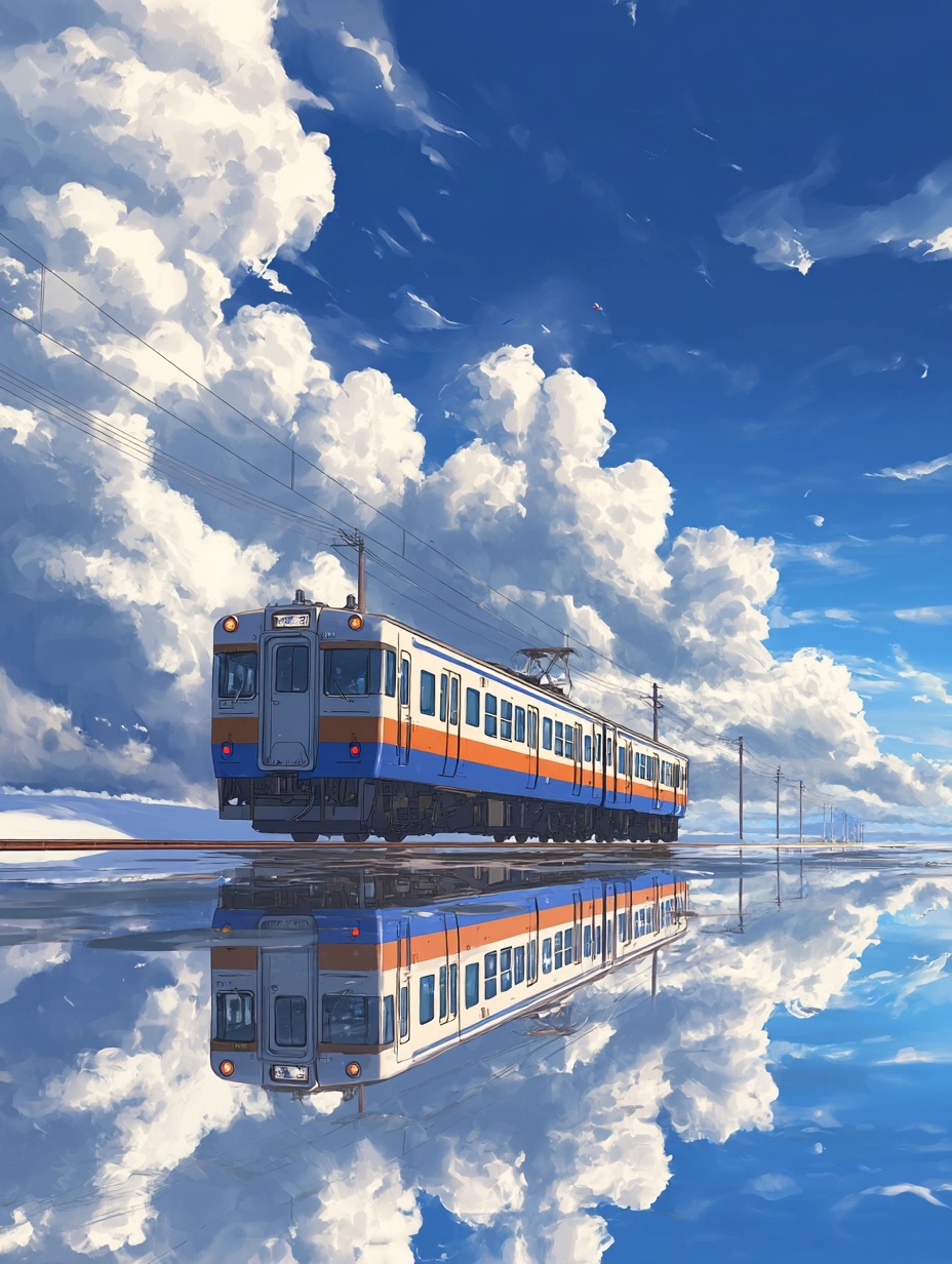 Anime Train in a Dreamy Sky Reflection