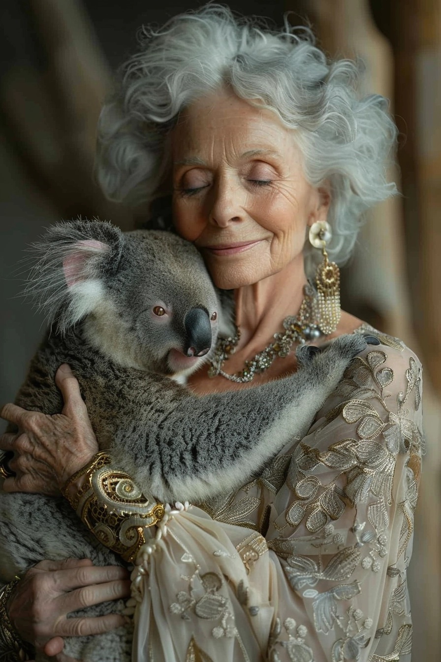 Laughing Woman with Baroque Jewelry Hugs Koala by the Ocean