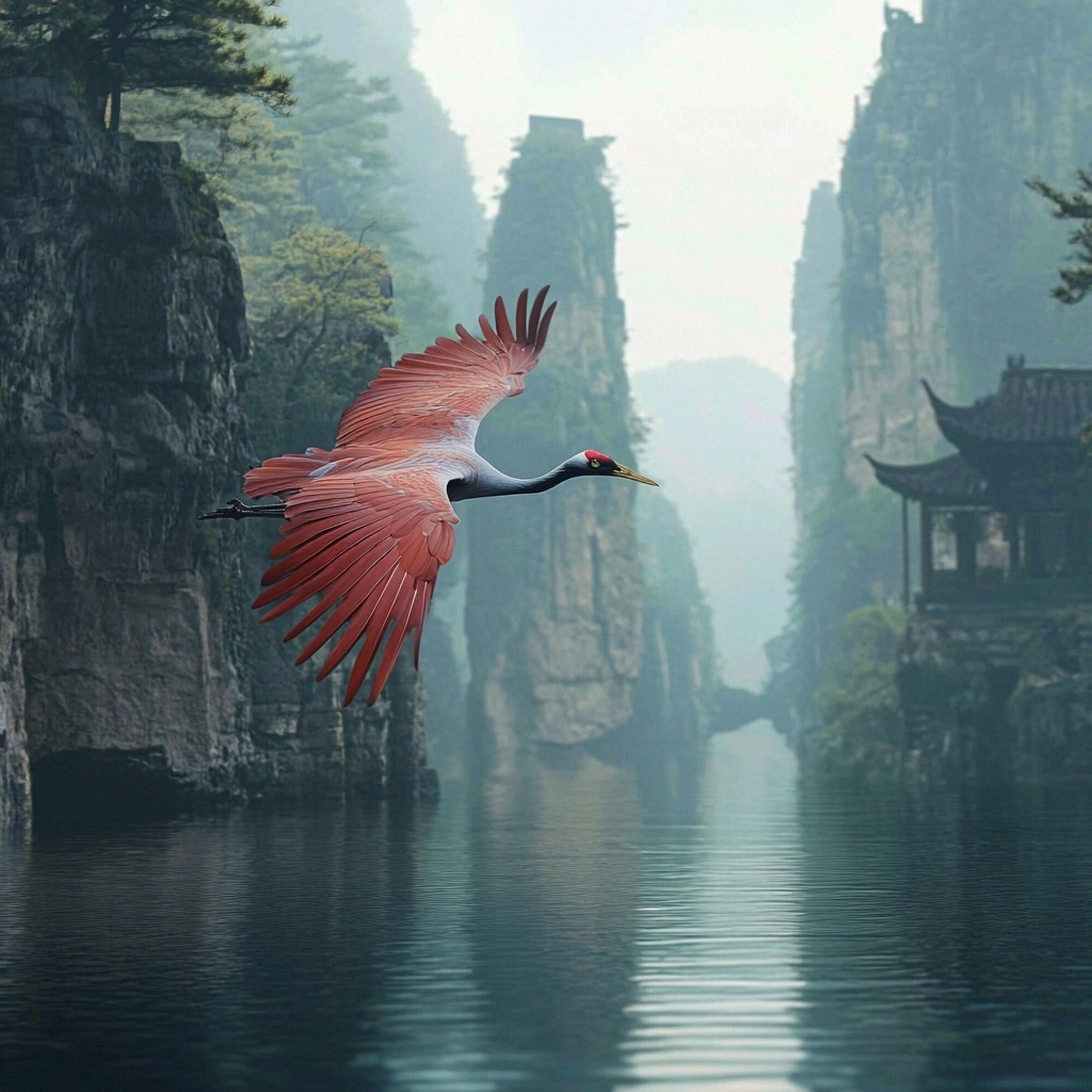 Crane Soars Above a Vibrant Red Landscape