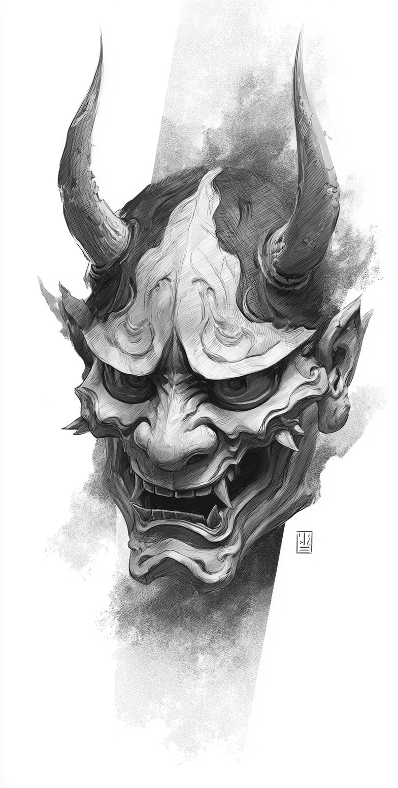 Stunning Japanese Oni Mask Tattoo Design