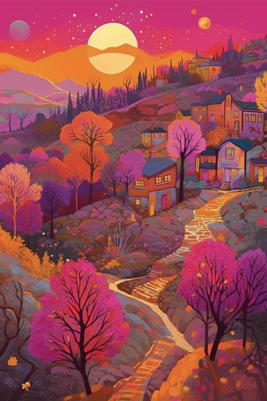 Vibrant Landscape Illustrations in Pink, Purple & Gold