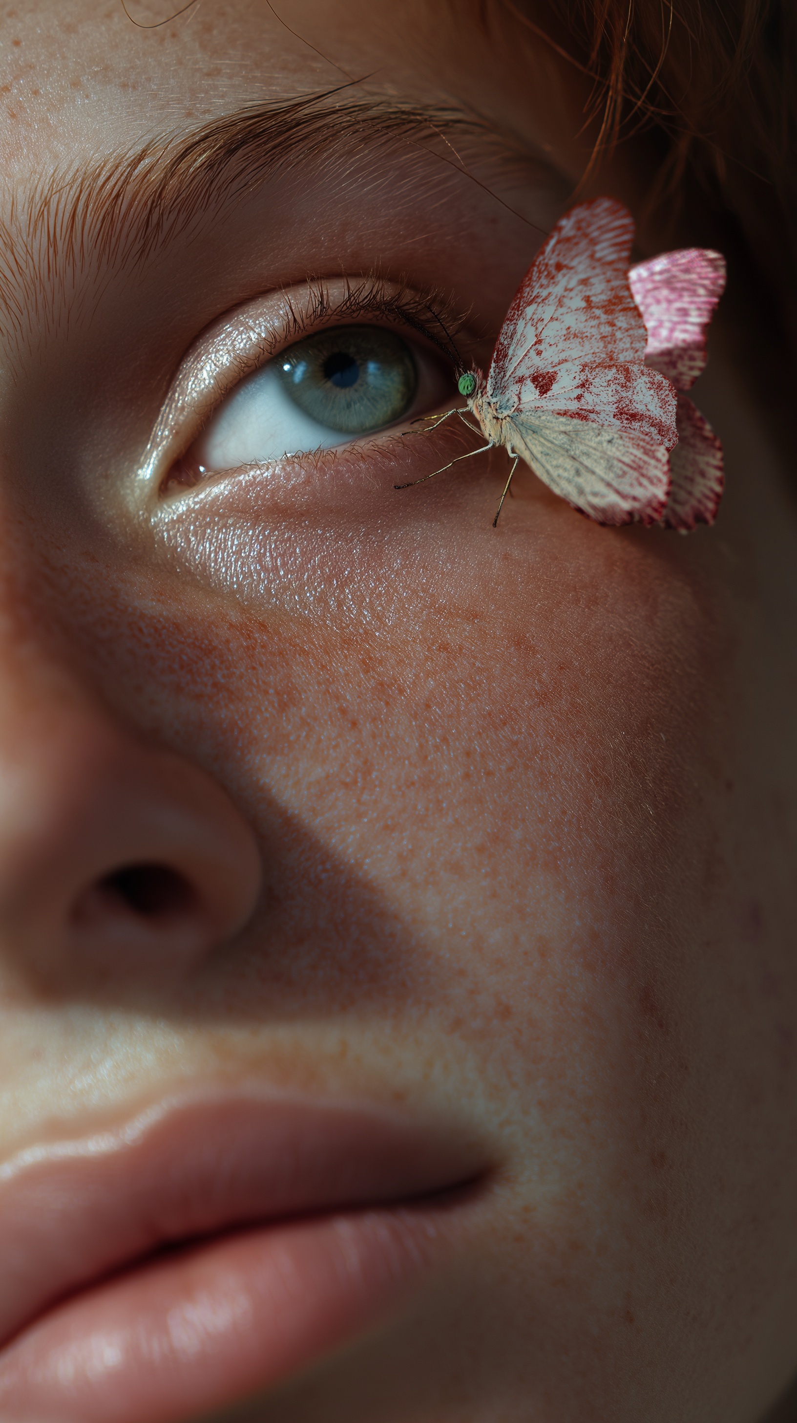 Реалистичное фото: Бабочка на глазу девушки