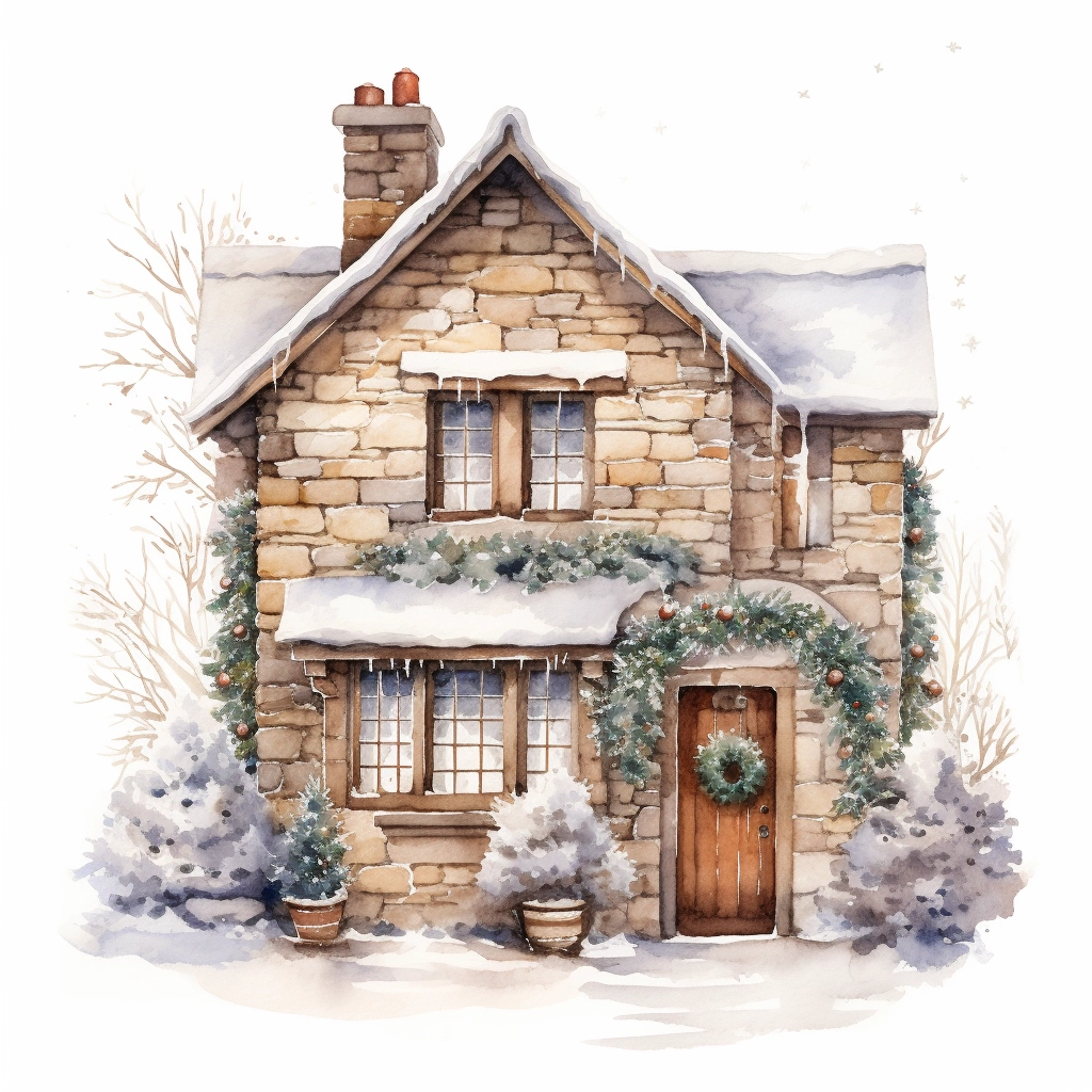 Modern Watercolour Christmas Scene of Cosy Brown House