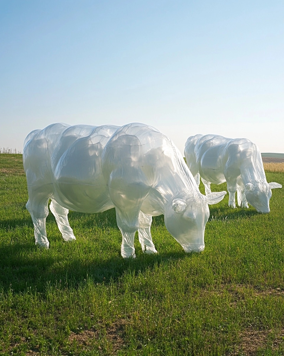 Whimsical Inflatable Cows in Lush Green Fields