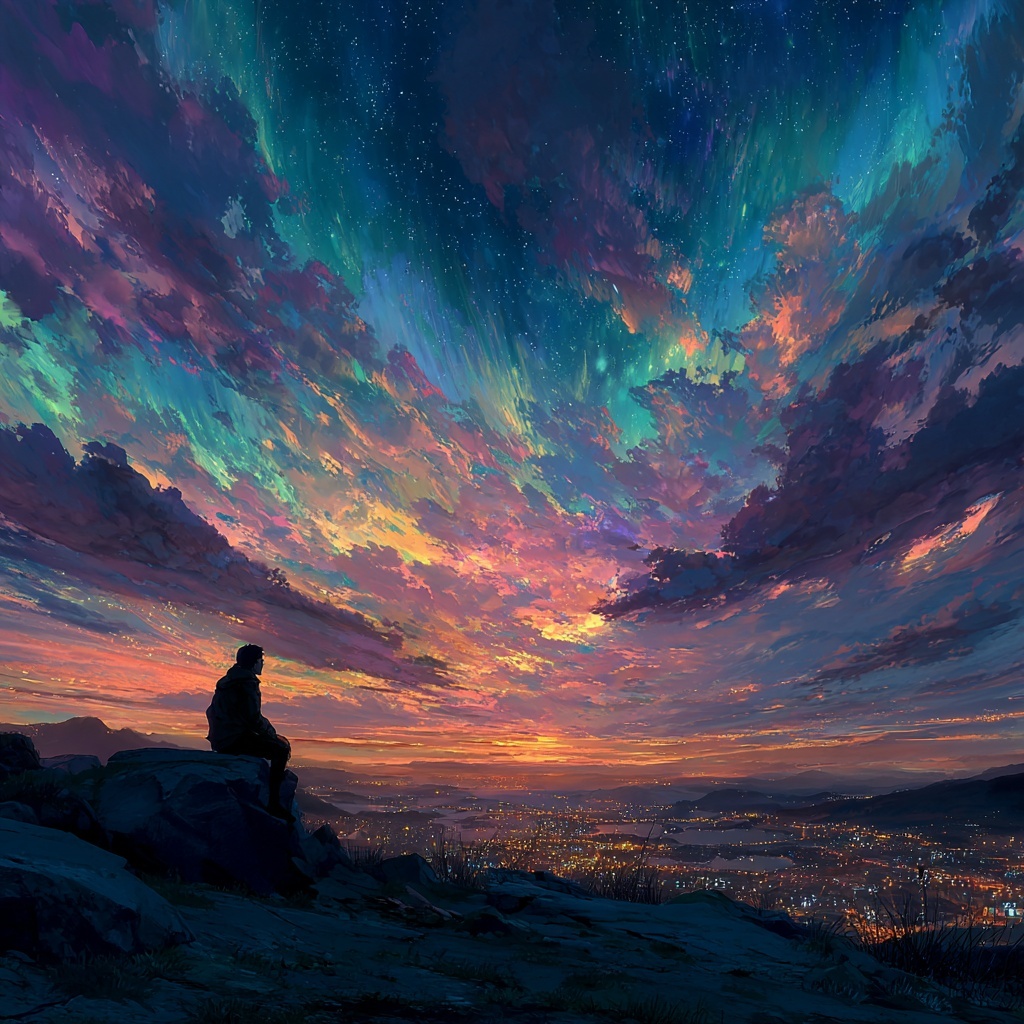Stunning Anime Aurora: Panoramic Sky in Space