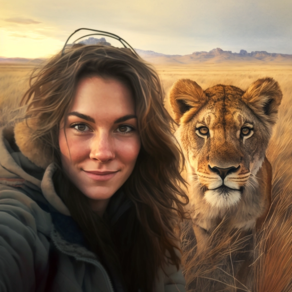 Wild Bond: Woman and Lion Cub Selfie