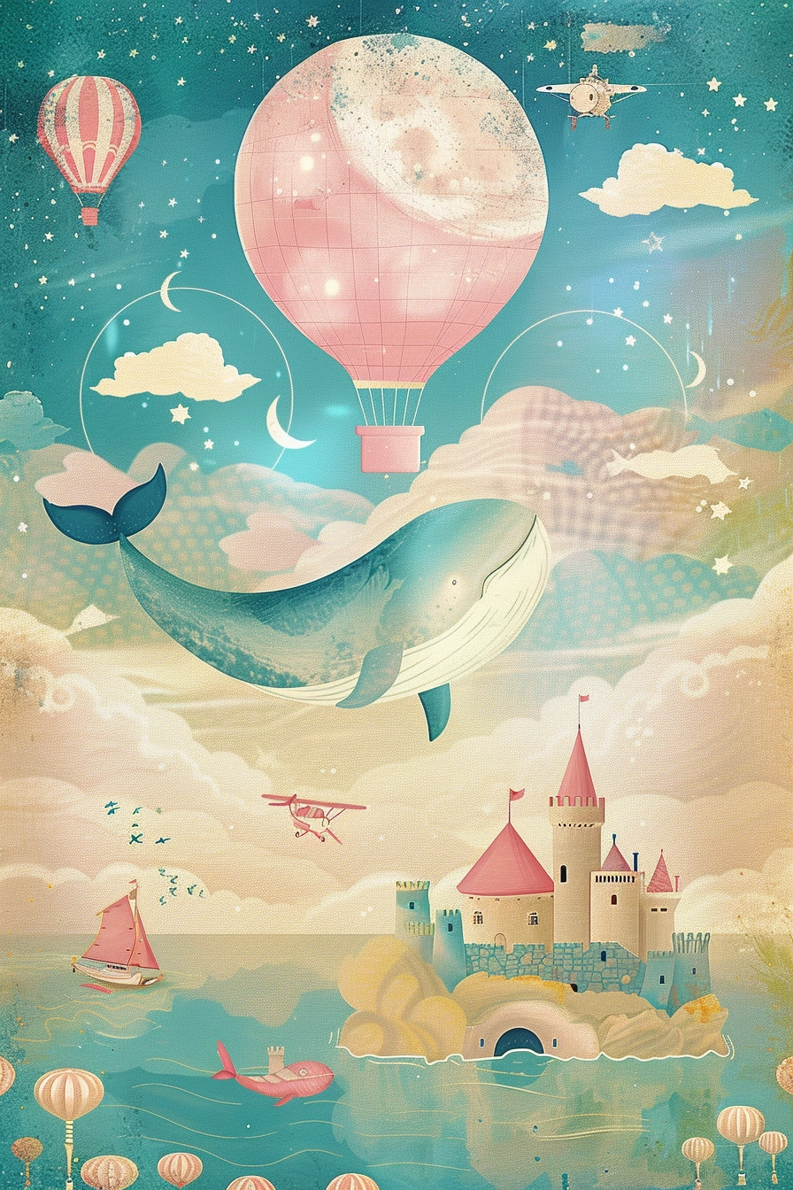 Fantasy Vector Graphics: Whale Castle in Pastel Sky