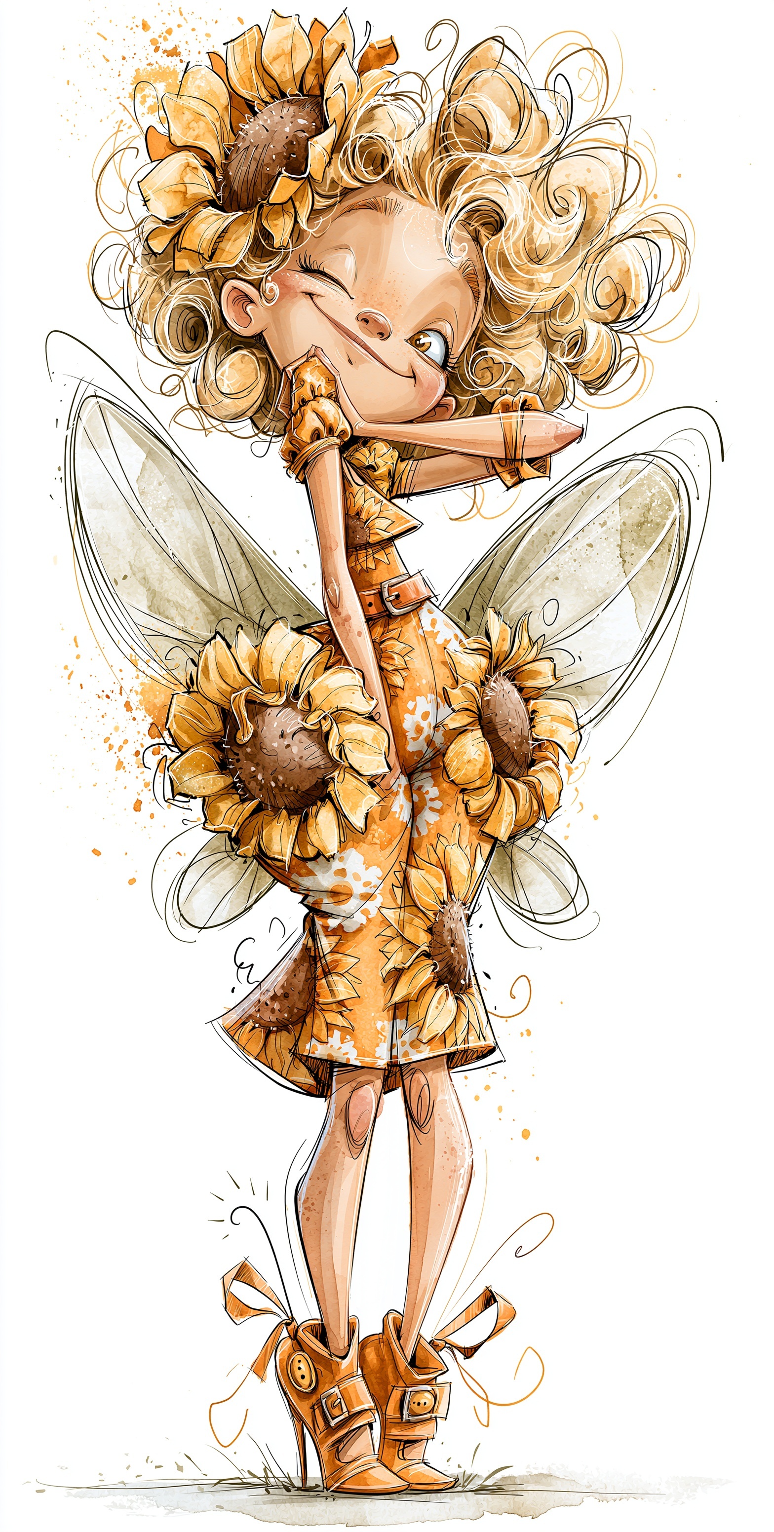 Whimsical Fairy in Sunflower Dress Illustration