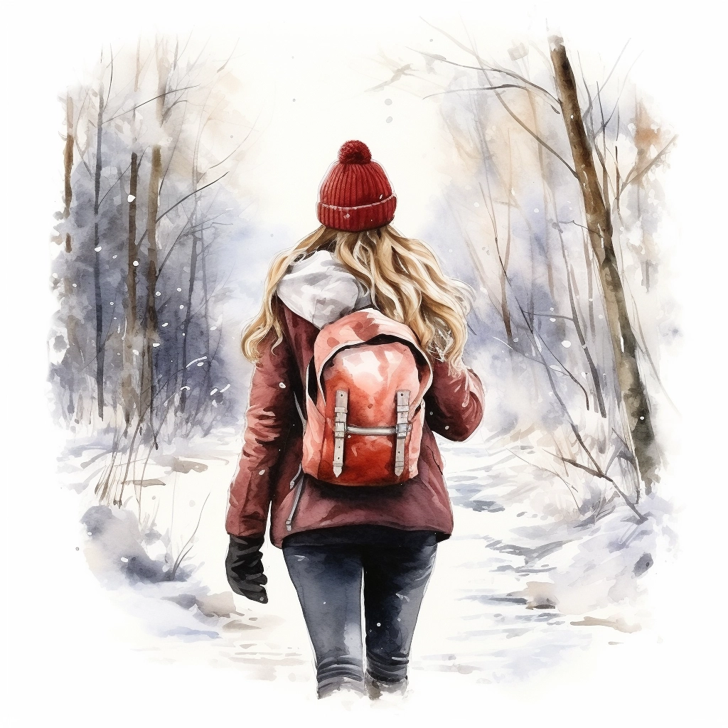 Winter Wanderlust: Traveler Girl in Watercolor Realism
