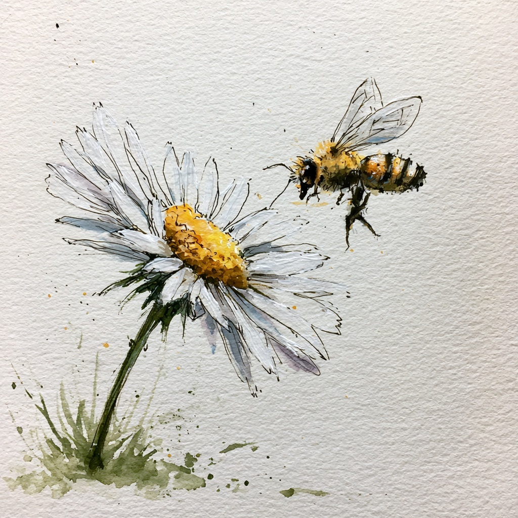 Delicate Daisy & Bee: Watercolor Beauty