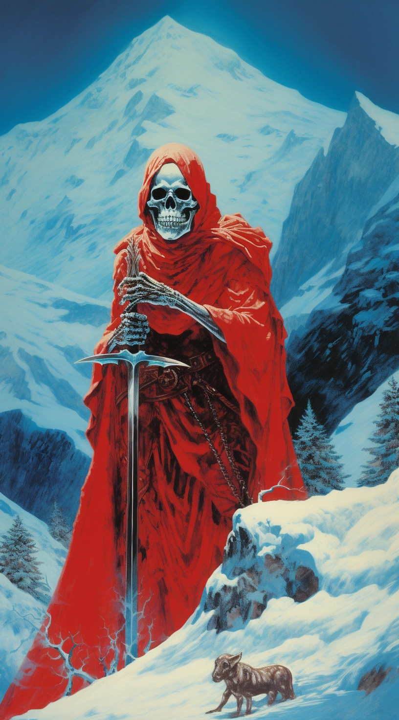 Hyper-Detailed Skeleton with Sickle: Struzan-style Mountain Art