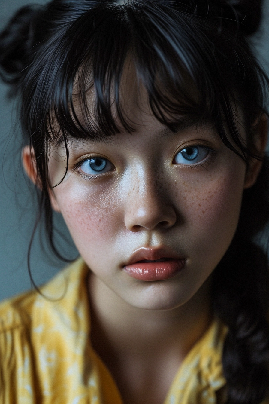 Stunning Portrait Close Up: Young Mixed Korean & Brazilian Woman, Indoor, Cute Pigtails