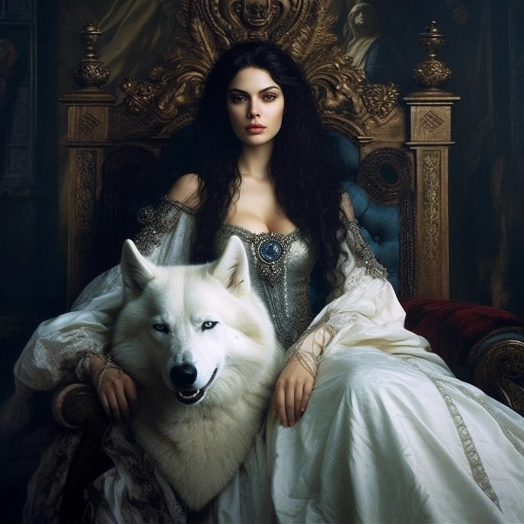 Dark Queen on the Throne with White Wolf