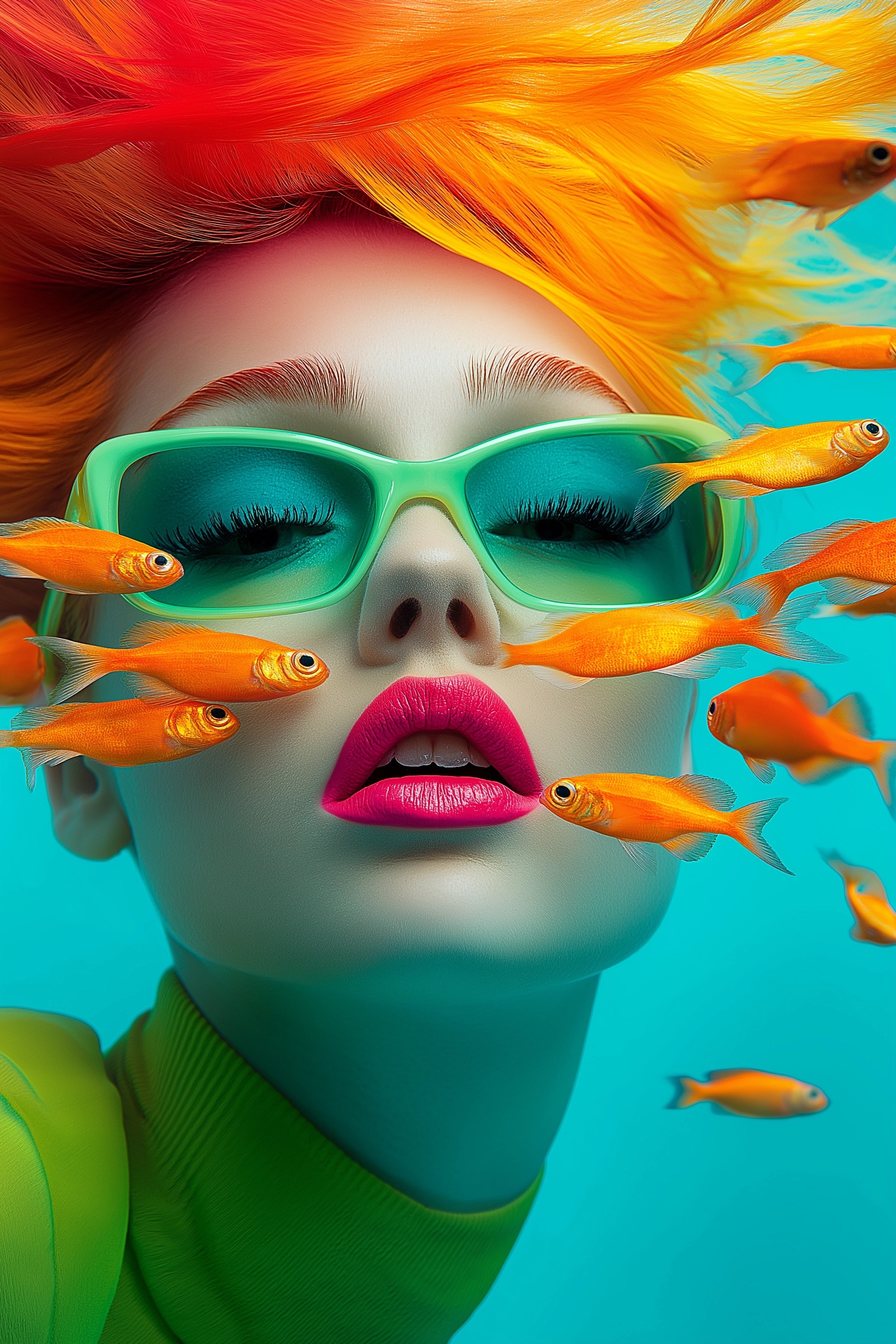 Vibrant Underwater Fantasy: Colorful Hair & Fish