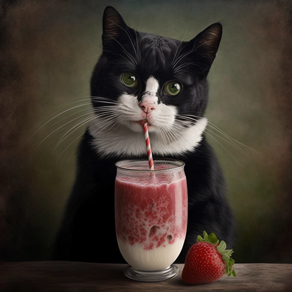 Smoothie-Sipping Tuxedo Cat