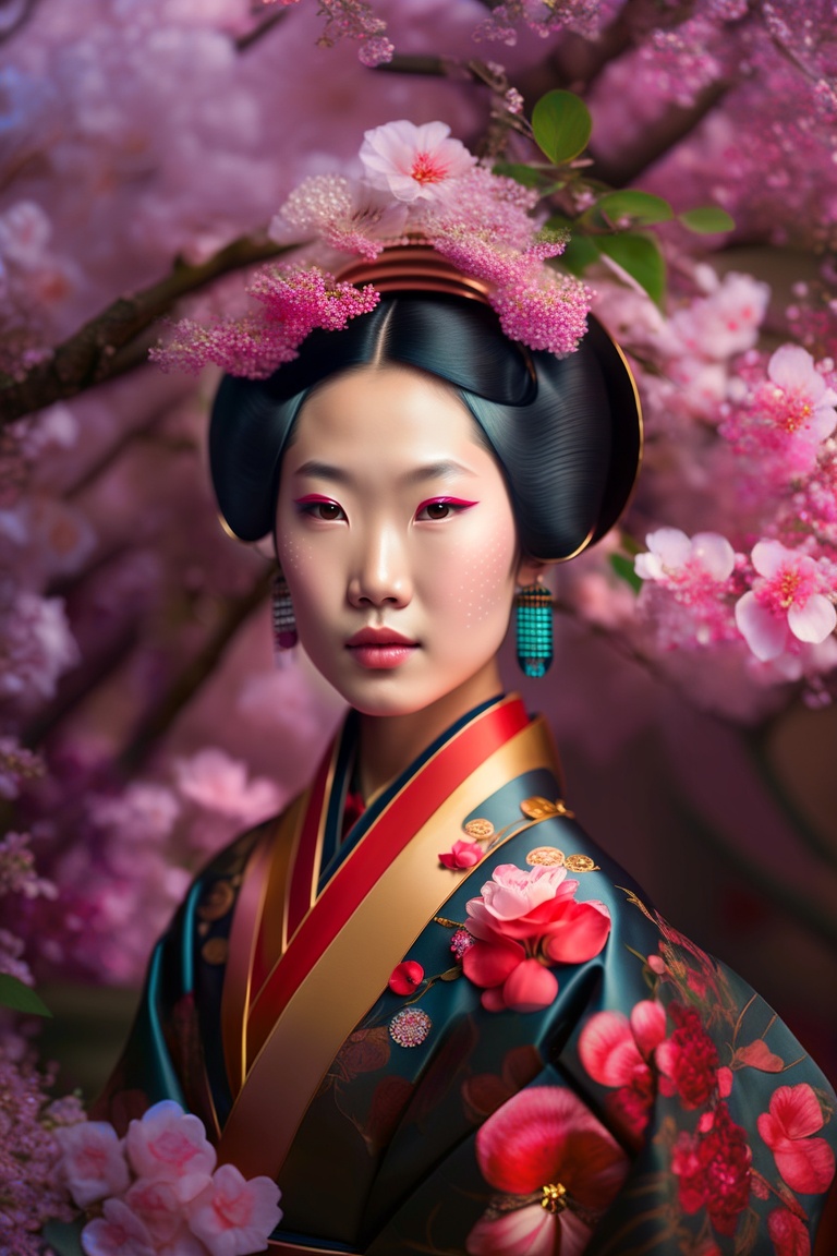 Stunning Japanese Geisha Portrait with Cherry Blossoms