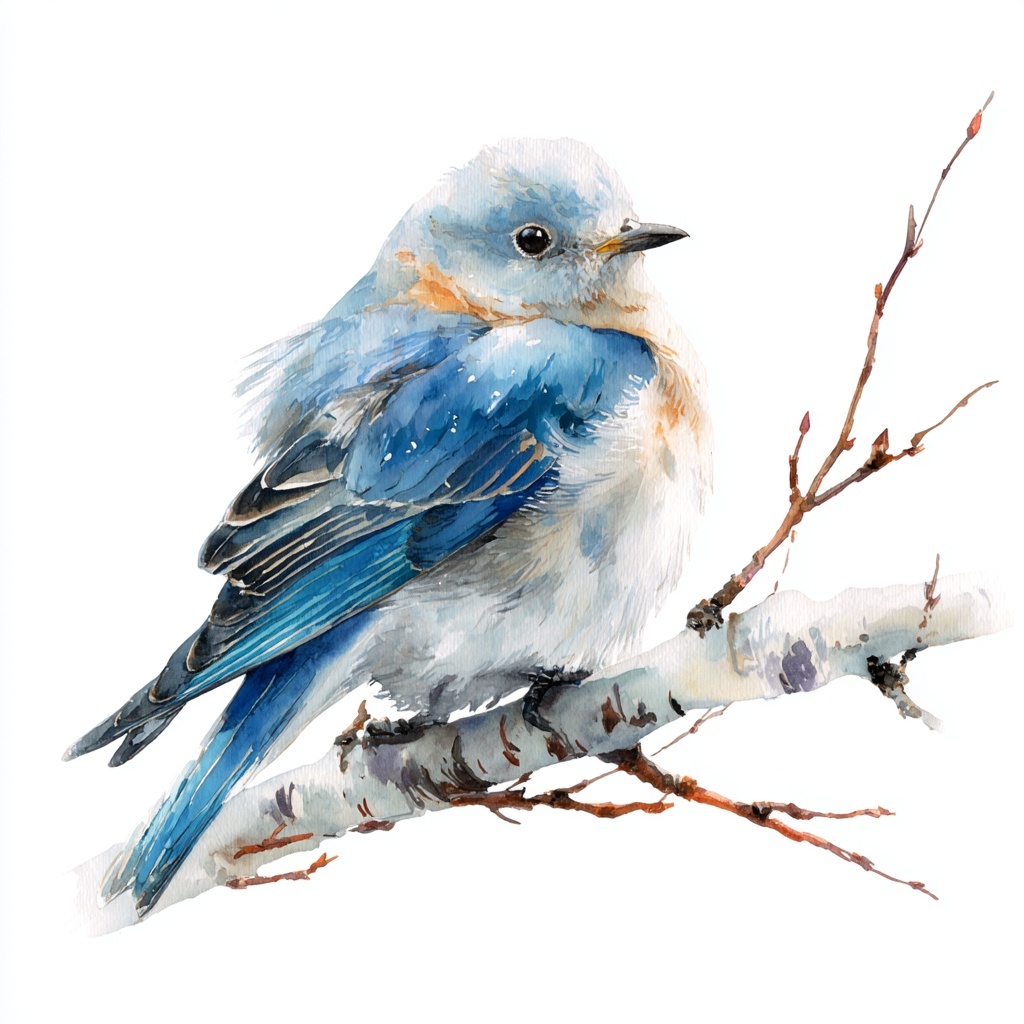 Snowy Bluebird Watercolor Art on Birch Branch